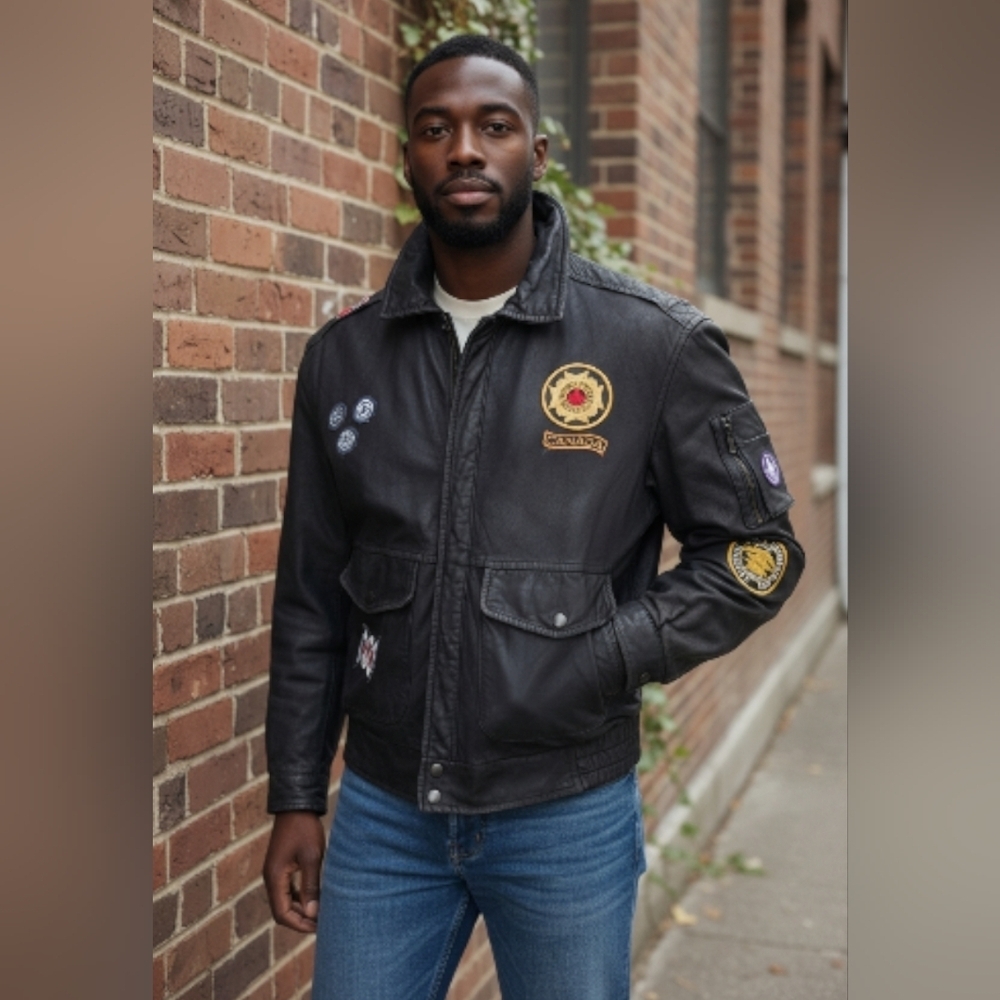 Vintage Cordovan Leather Black Men's Jacket with Patches Size 38 Bomber Coat